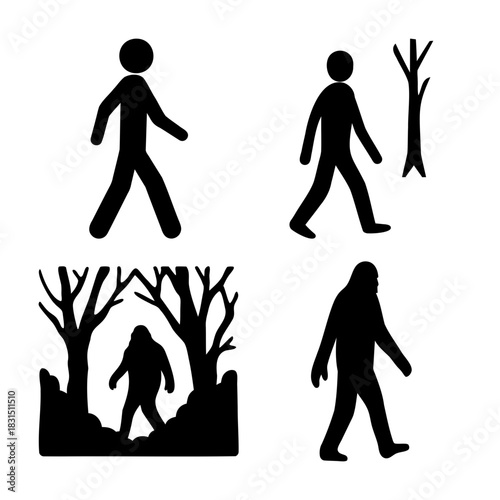 Human and bigfoot silhouettes: walking in forest mystery