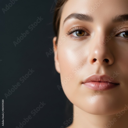 Close Up Young Woman Face with Clear Skin Natural Makeup Bright Lighting