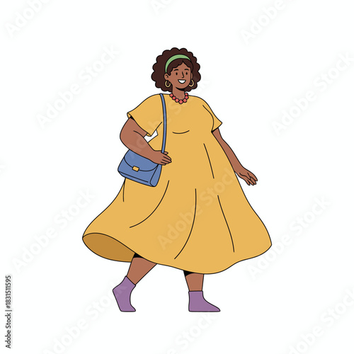 Woman in yellow flowing dress with blue purse twirling joyfully for fashion style feminine elegance or carefree lifestyle branding