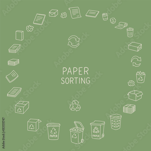 Vector illustration of paper sorting with recycling symbols and various paper types on a green background. Emphasizes environmental themes and waste management through organized visuals.
