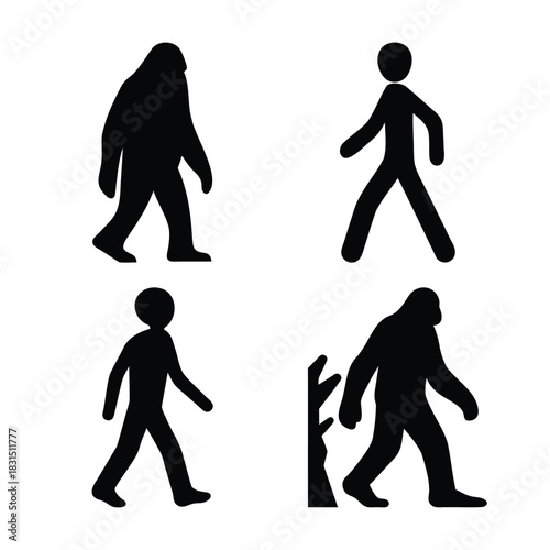 Human and bigfoot walking silhouettes vector flat icon set
