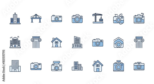 Collection of camera building and construction icons in blue and white