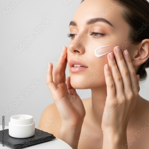 Young Woman Applying Cream to Face in Skincare Routine in Bright Modern Bathroom