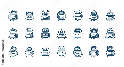 Collection of cartoon robots in various styles for technology concepts