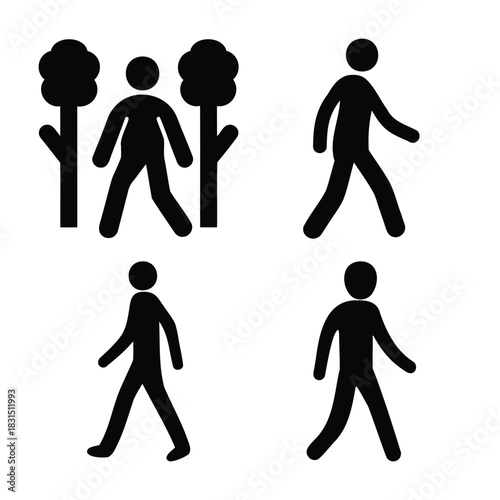 Vector icons of walking persons and trees for pedestrian use