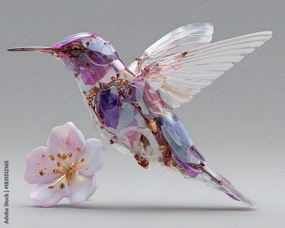Obraz premium Intricate glass hummingbird sculpture hovering near a delicate pink blossom