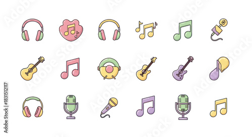 Collection of colorful music icons featuring headphones guitars and notes