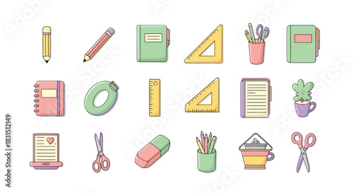 Collection of colorful office supplies and stationery items on white background