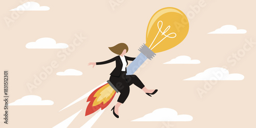 Businesswoman riding a rocket shaped like a lightbulb through the clouds