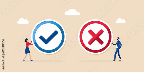 Man and woman choose between yes and no symbols