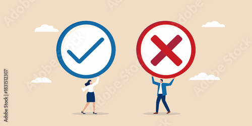 Man and woman holding checkmark and cross symbols
