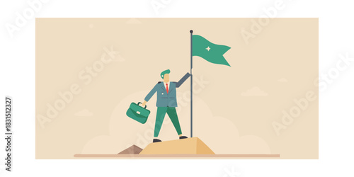 Businessman reaches summit holding flag and briefcase