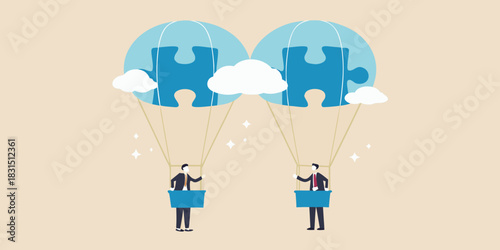 Businessmen in hot air balloons carrying puzzle pieces