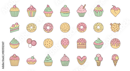Collection of colorful vector illustrations of sweets and desserts on white