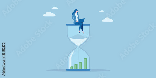 Woman on hourglass with laptop and growth chart