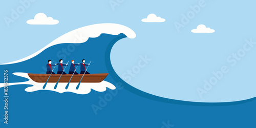 Teamwork in a stormy sea facing a giant wave