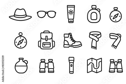 Desert Travel Icons. Desert travel essentials. Line outline icon set of desert travel essentials: hat,