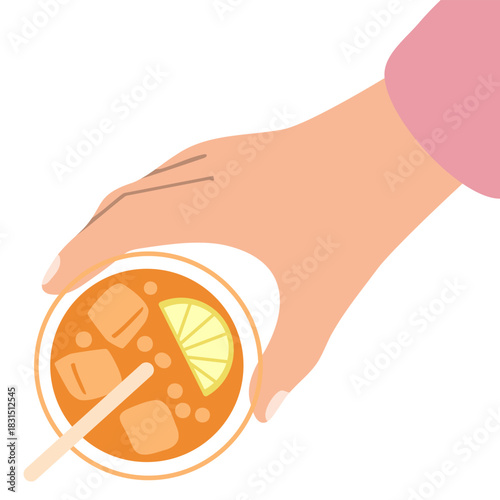 Top view of Woman hand holding refreshing drink. Summer beverage with ice and lemon slice. For party invitation, social media post, blog banner.