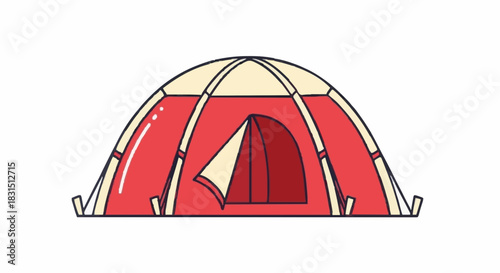 A red camping tent with a beige door and roof, ready for outdoor adventures.