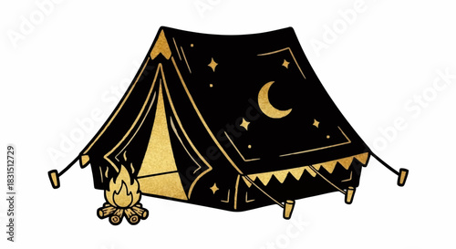 A black and gold camping tent decorated with a moon and stars, with a campfire in front.