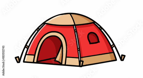 A simple cartoon illustration of a red and tan dome tent with an open doorway and a small window.