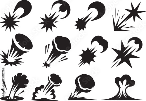 Cartoon explosion vector set of black comet effects on transparent background