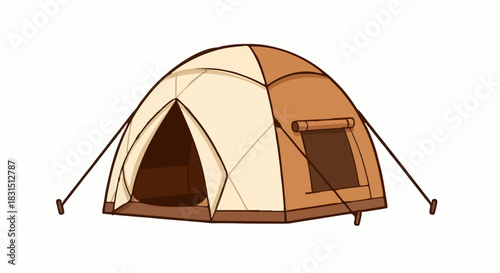Illustration of a dome tent, brown and beige, with open entrance and guy lines.