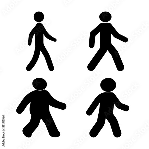 Walking stick figures representing various body types moving