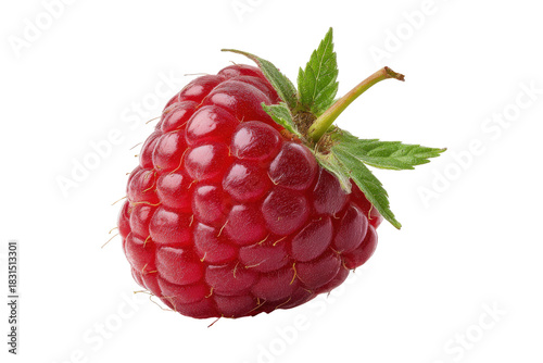 Single ripe red raspberry with green leaves on black background fruit food, Isolated On White Background, Png Transparent