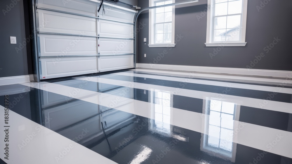 Obraz premium Striking garage interior with bold black and white striped epoxy flooring, offering a modern and clean aesthetic for home improvement projects