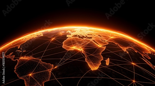 The image shows a glowing stylized representation of Earth, highlighting the continents with bright orange points and connecting lines on a dark background.
