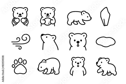 Polar Bear Icons. Cute polar bear illustration. Line outline icon set of Cute polar bear illustration: polar