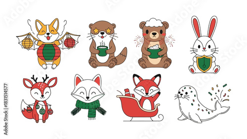 Festive Animal Cartoon Characters: Adorable animal characters radiate holiday cheer, ready to spread warmth and joy in a whimsical festive atmosphere.