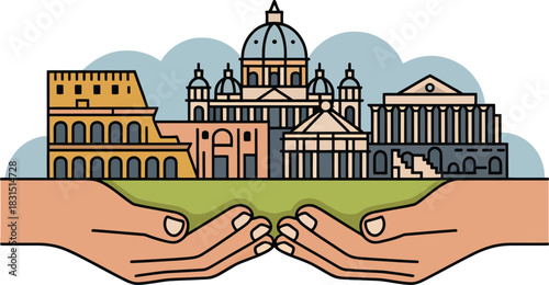 Global landmarks illustration Rome cityscape held in cupped hands symbolizing protection and travel concept