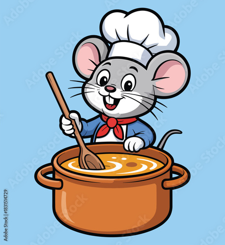 Happy cartoon little mouse chef wearing toque holding wooden spoon stirring delicious hot soup in pot.