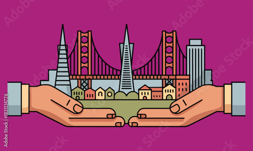 San francisco cityscape illustration with famous bridge and buildings held in protecting palms design
