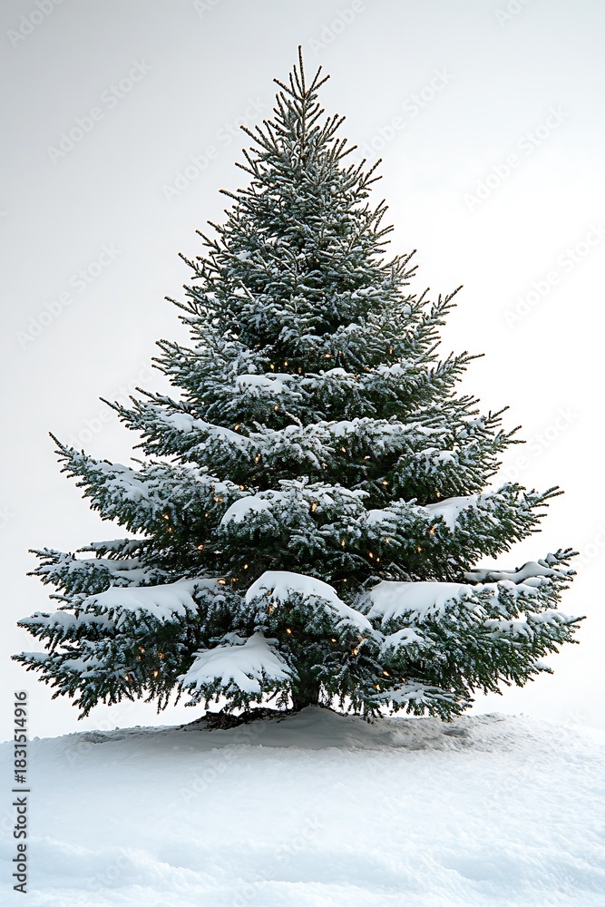 Fototapeta premium Cozy winter vibes with a snow-covered Christmas tree sparkling with warm lights, ready for holiday magic and festive cheer