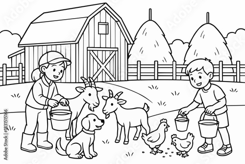 Children's coloring book - Kids feeding animals on a farm with goats and chickens in spring  