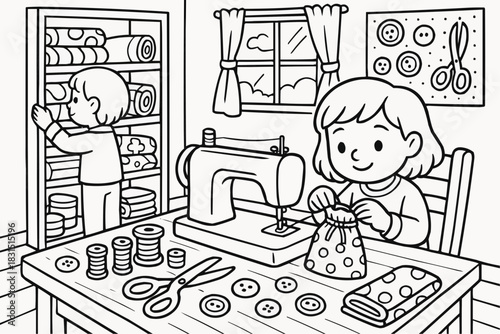 Children's coloring book - Boy organizing fabric while girl sewing at craft table indoors  