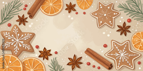 Vector christmas christmas frame with gingerbread stars, cinnamon sticks, orange slices, and berries on a beige background