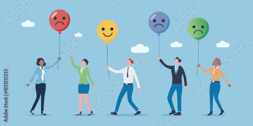 Diverse group of people holding balloons with different facial expressions