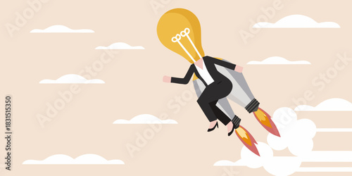 Businesswoman with lightbulb head soars with rocket boosters