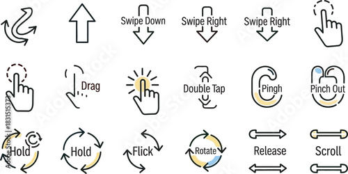 Collection of clean line icons representing various touch gestures and user interface actions for digital devices.