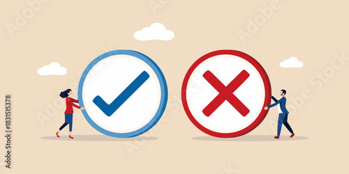 People choosing between a checkmark and a cross symbol