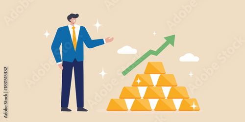 Man presenting a stack of gold bars with a rising green arrow