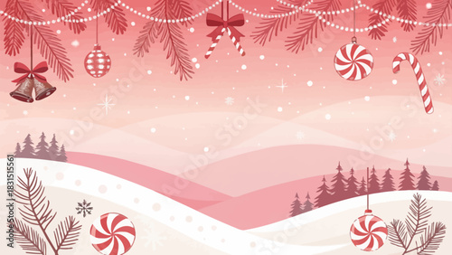 Vector christmas illustration of a christmas scene with ornaments candy canes and bells hanging from pine branches above snowy hills