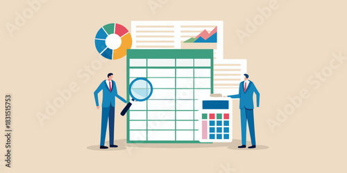 Businessmen analyzing financial data and spreadsheets with magnifying glass and calculator