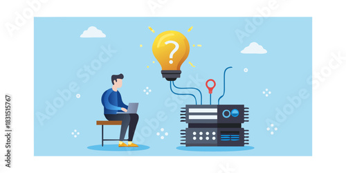Man with laptop connects to server and lightbulb idea