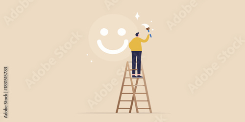 Person painting a large smiley face on a wall with a ladder