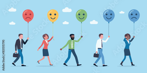 Diverse group of people holding balloons with different facial expressions